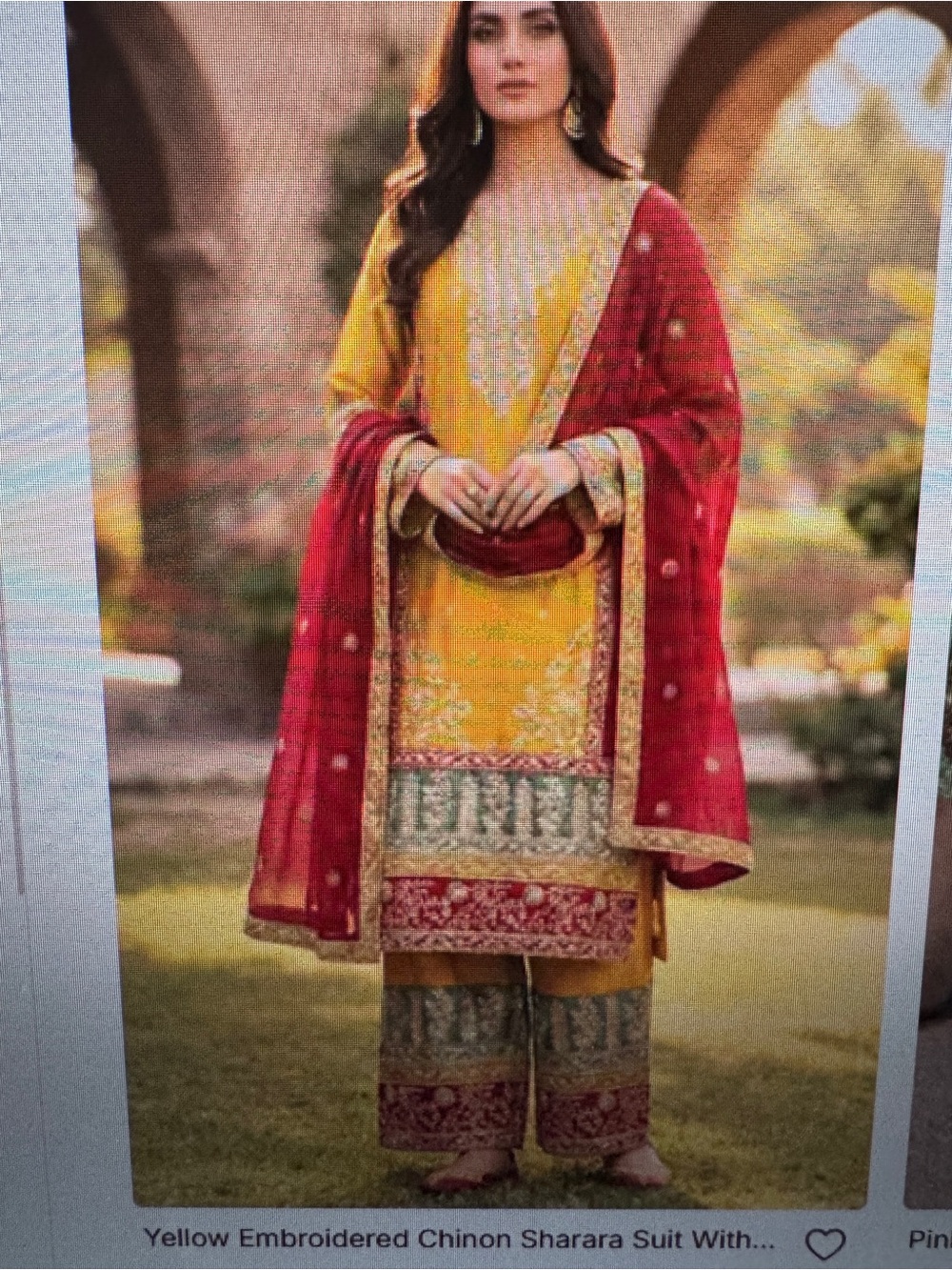 Yellow Embroidered Chinon Sharara Suit with Red Dupatta